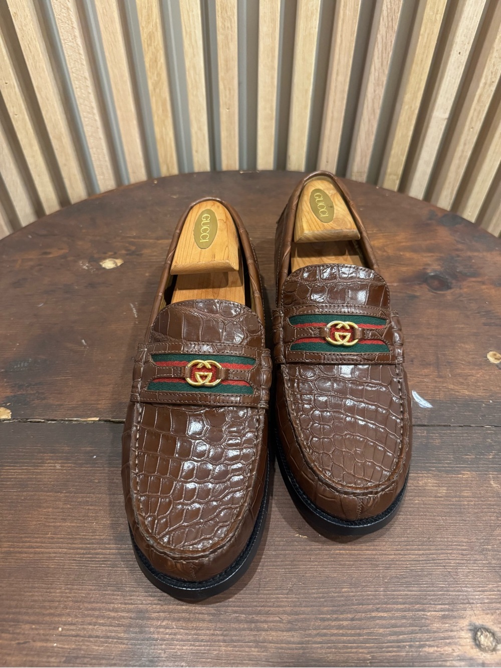 Gucci Brown Croc-Embossed Leather Loafers with Web and Gold GG